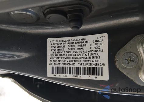 2012 Honda Civic Lx из США, поврежденный, VIN 2HGFB2F57CH584420